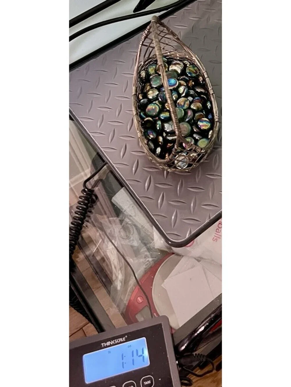Vintage 1950s Woven Silver Tone Wire Basket With Iridescent Glass Gems, 7x7”